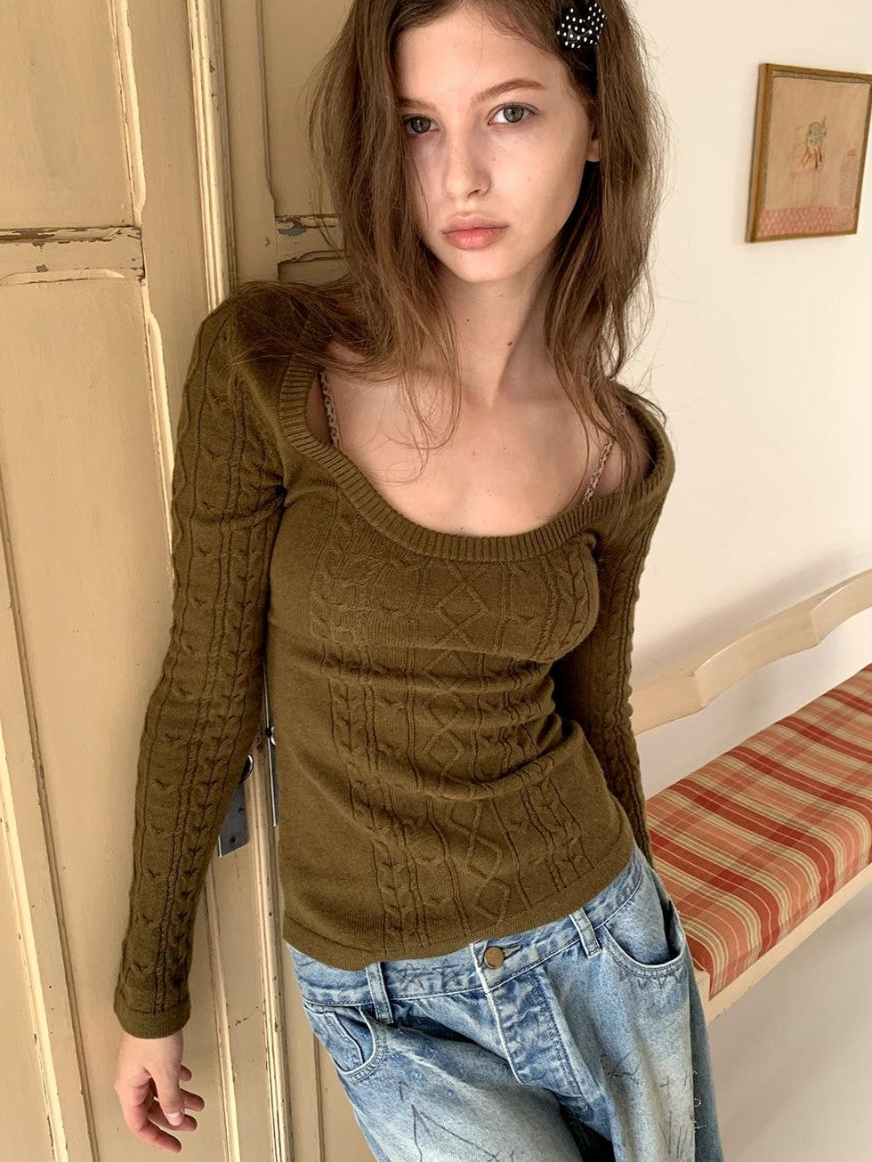 UNIVERSE Vintage Olive Green Jacquard U Neck Long Sleeve Women's Knit Sweaters