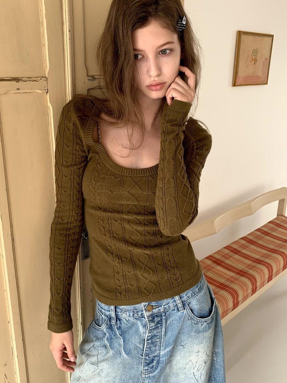 UNIVERSE Vintage Olive Green Jacquard U Neck Long Sleeve Women's Knit Sweaters