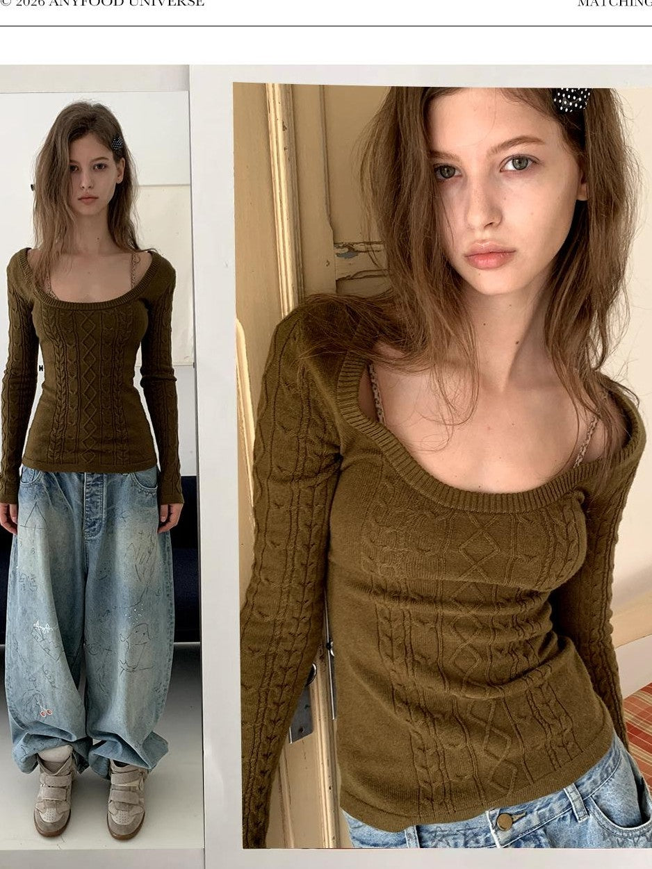 UNIVERSE Vintage Olive Green Jacquard U Neck Long Sleeve Women's Knit Sweaters