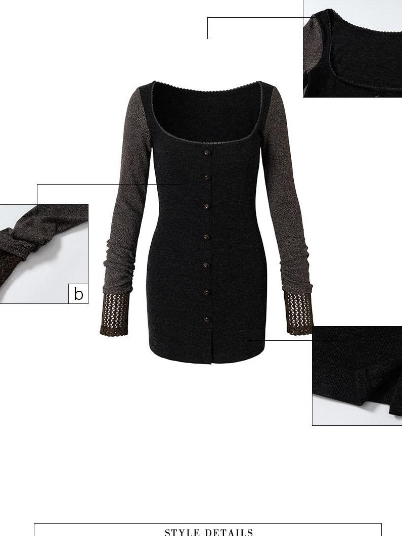 UNIVERSE Vintage Patchwork Long Sleeve Fitted Women's Polyester Bodycon Mini Dresses