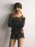 UNIVERSE Vintage Patchwork Plaid A Line Low Waist Women's Cotton Mini Skirts