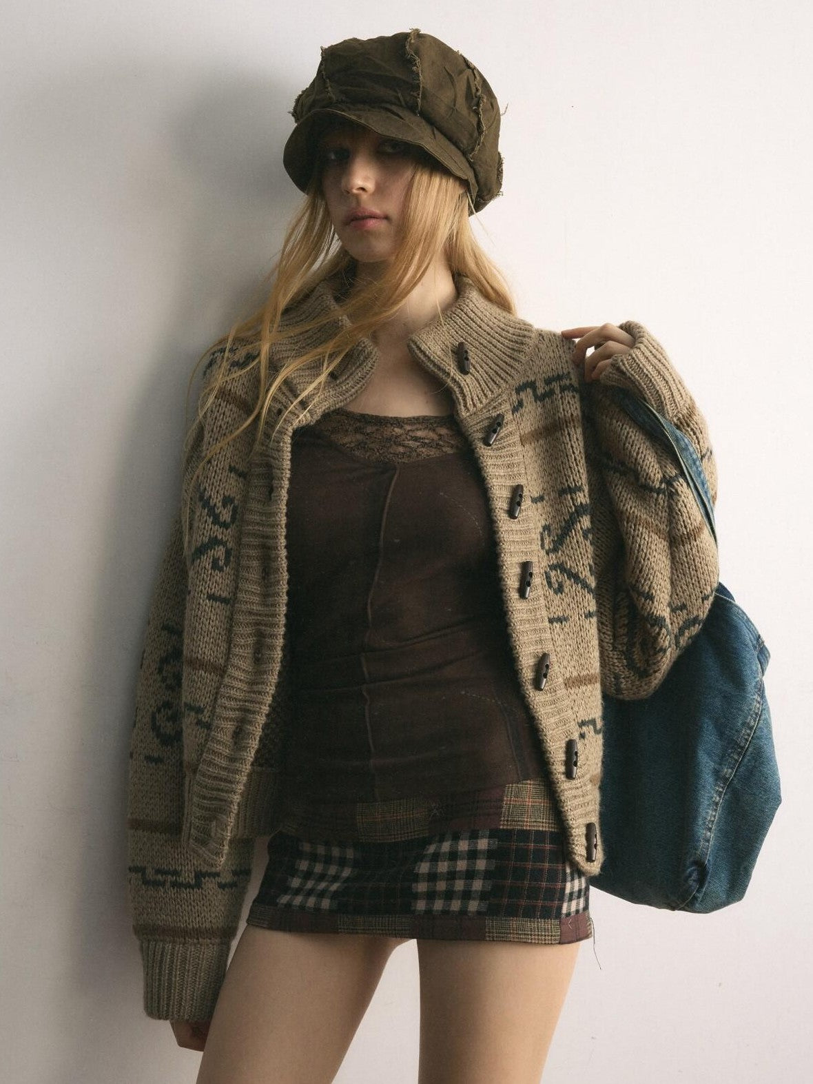 UNIVERSE Vintage Patchwork Plaid A Line Low Waist Women's Cotton Mini Skirts