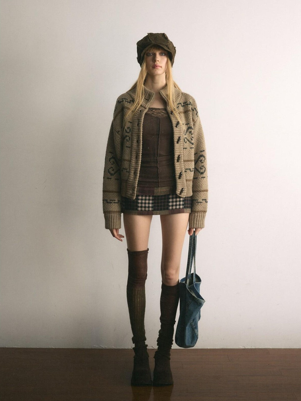 UNIVERSE Vintage Patchwork Plaid A Line Low Waist Women's Cotton Mini Skirts