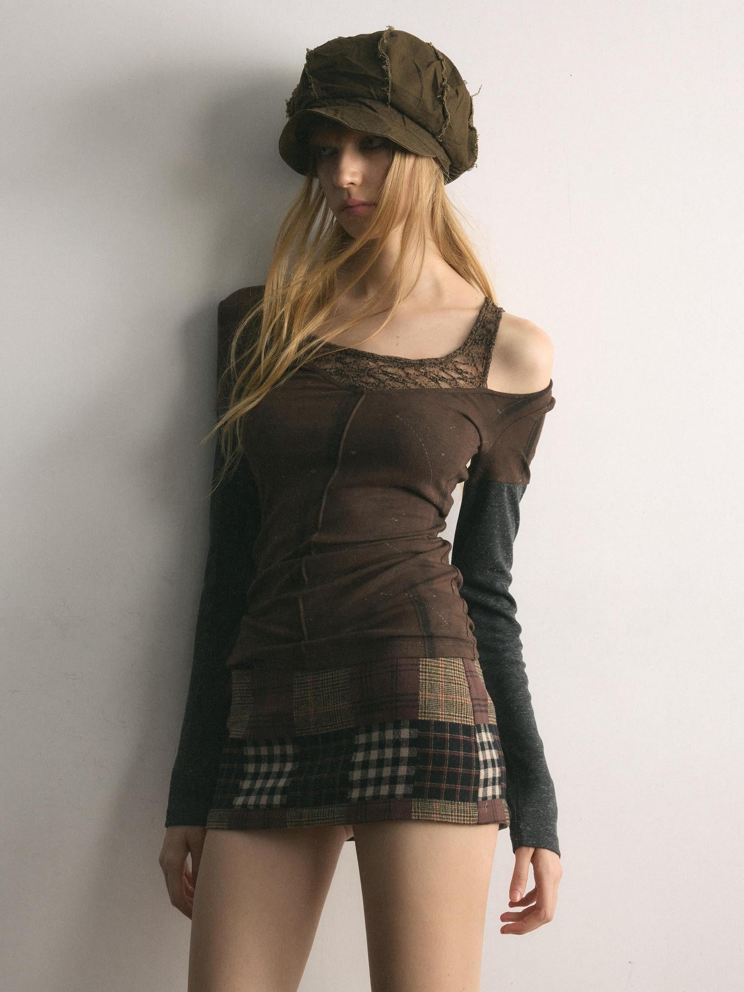 UNIVERSE Vintage Patchwork Plaid A Line Low Waist Women's Cotton Mini Skirts