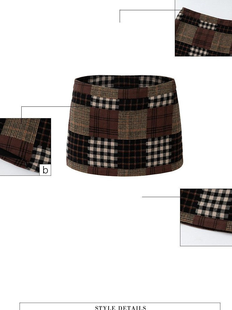 UNIVERSE Vintage Patchwork Plaid A Line Low Waist Women's Cotton Mini Skirts