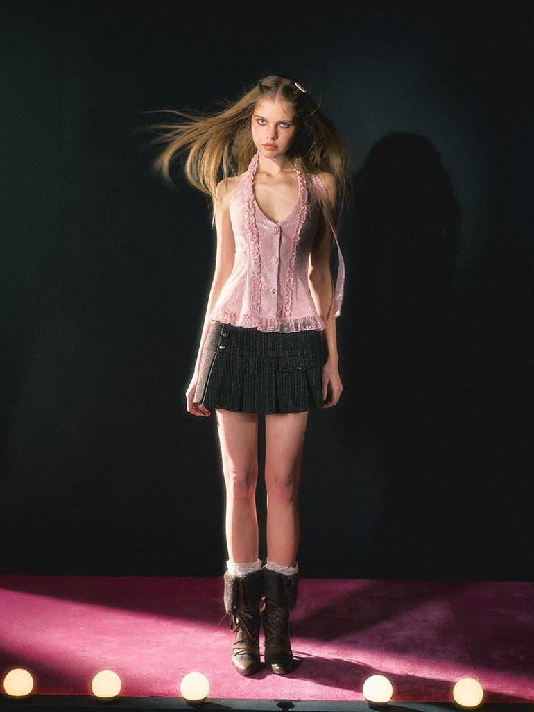 UNIVERSE Vintage Pink Lace Embroidered Ruched Tie Women's Nylon Halter Tops