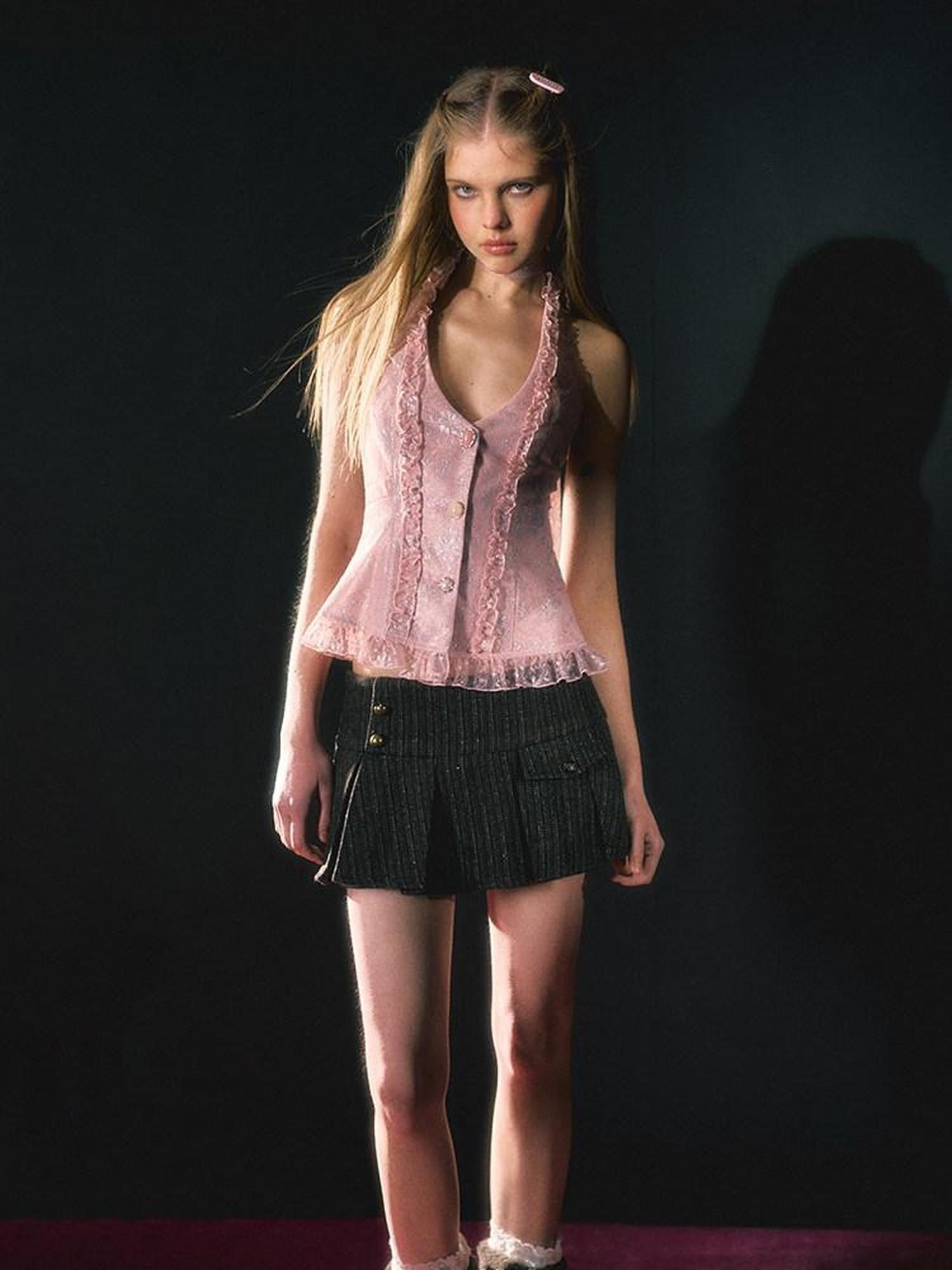 UNIVERSE Vintage Pink Lace Embroidered Ruched Tie Women's Nylon Halter Tops