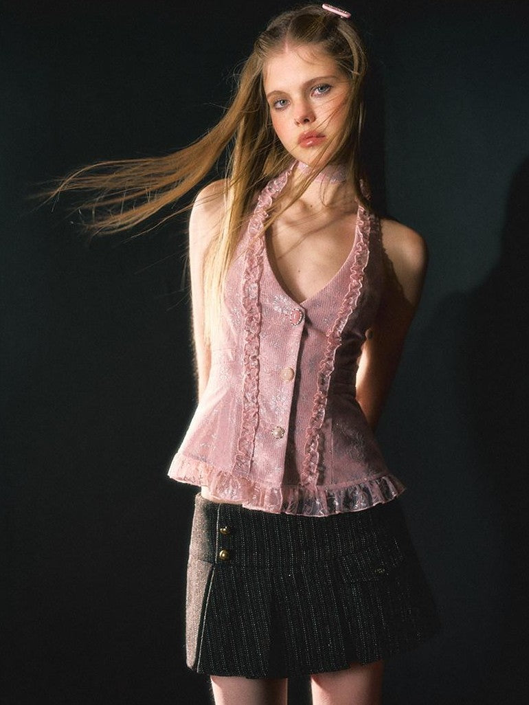 UNIVERSE Vintage Pink Lace Embroidered Ruched Tie Women's Nylon Halter Tops