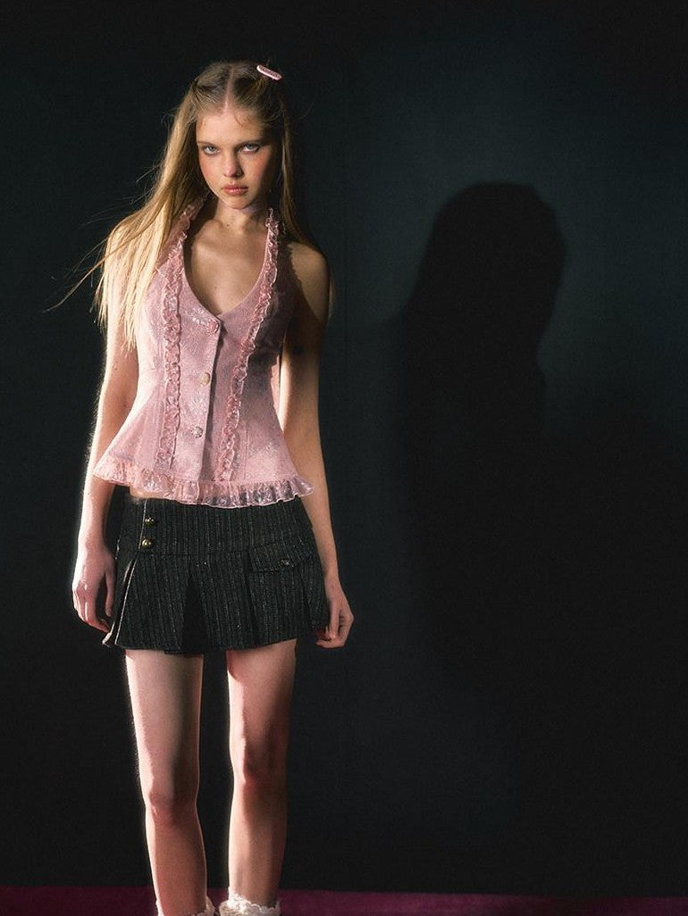 UNIVERSE Vintage Pink Lace Embroidered Ruched Tie Women's Nylon Halter Tops
