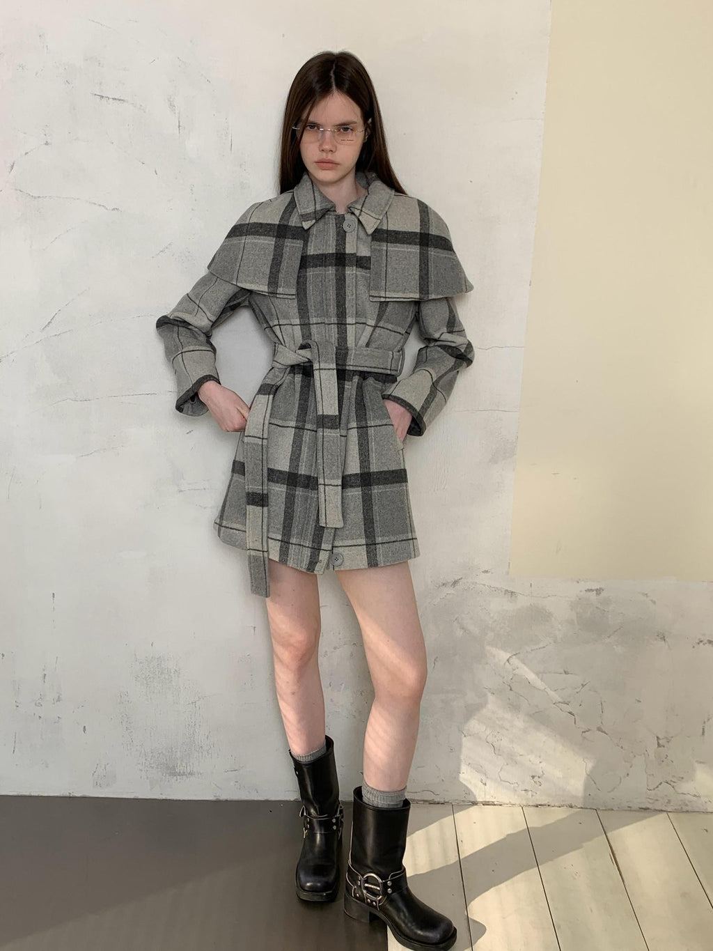 UNIVERSE Vintage Plaid Double Faced Waist Cinched Women's Wool Blend Cape Coats