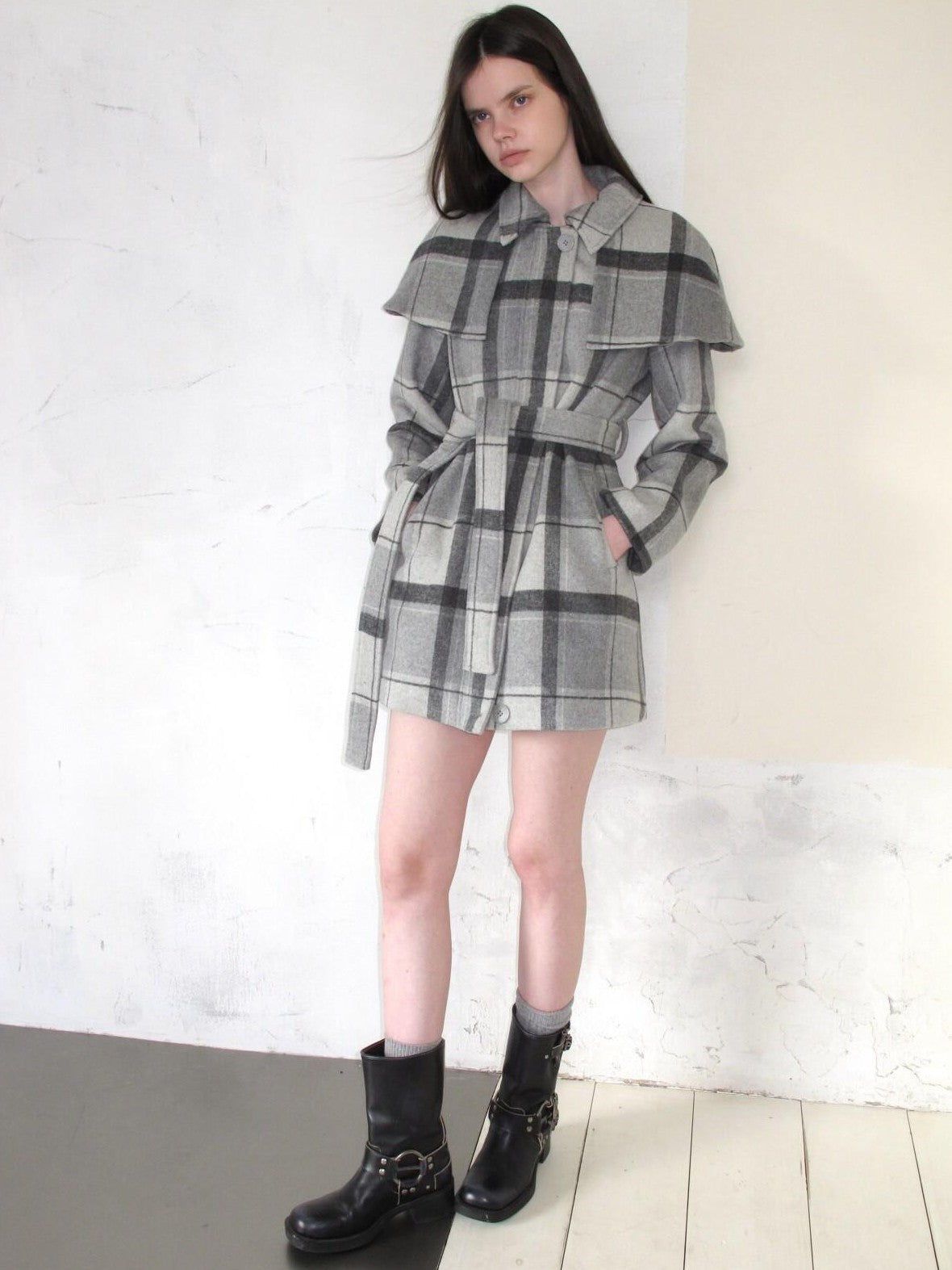 UNIVERSE Vintage Plaid Double Faced Waist Cinched Women's Wool Blend Cape Coats