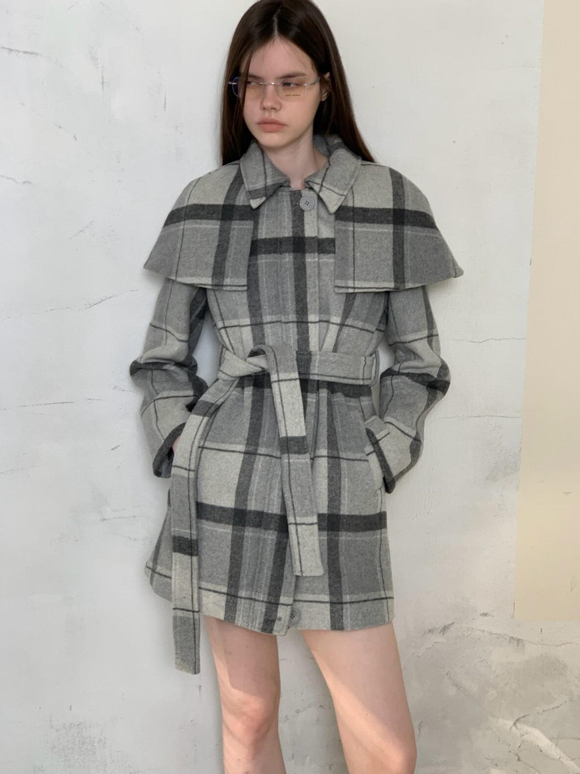 UNIVERSE Vintage Plaid Double Faced Waist Cinched Women's Wool Blend Cape Coats