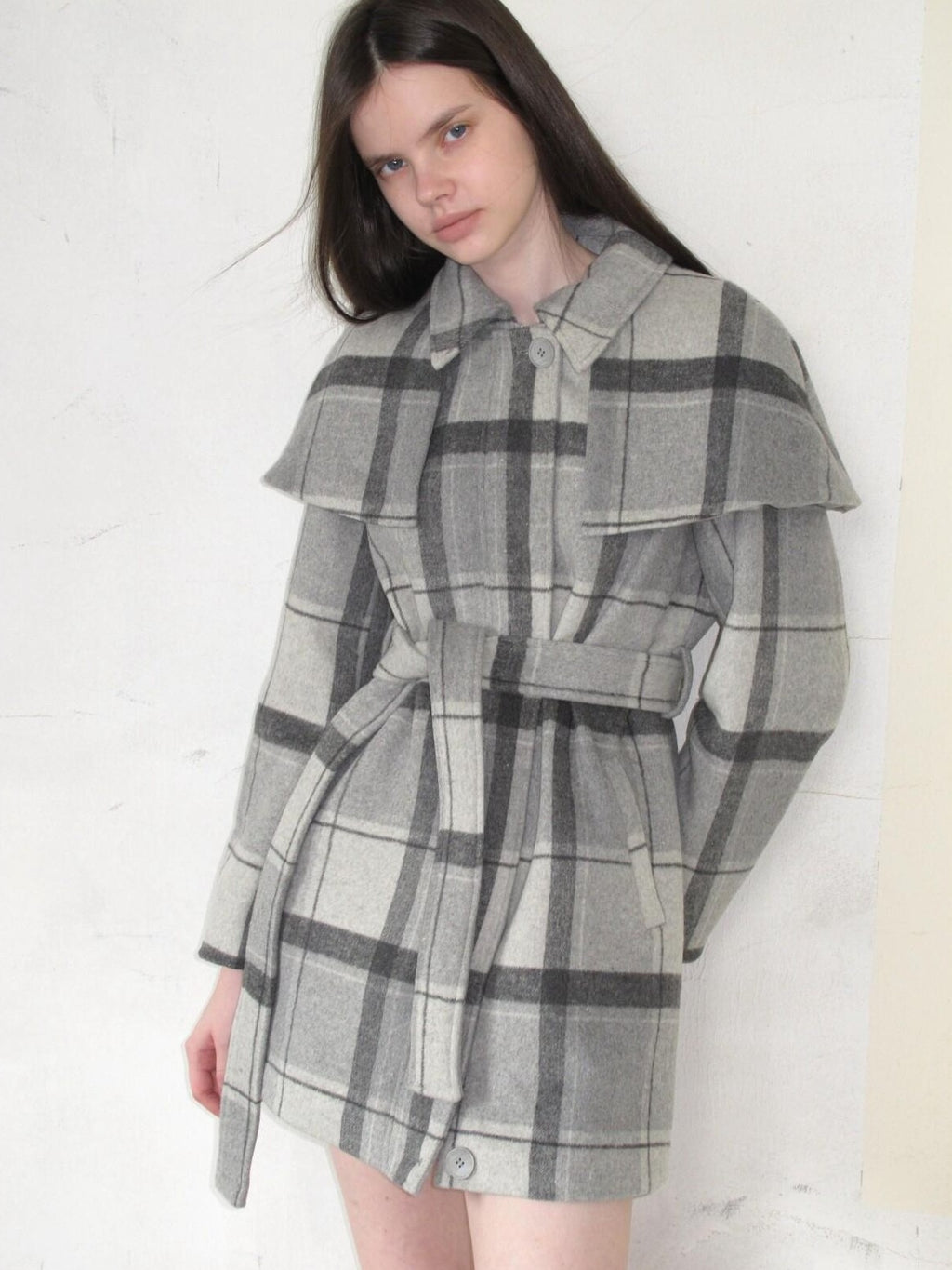 UNIVERSE Vintage Plaid Double Faced Waist Cinched Women's Wool Blend Cape Coats