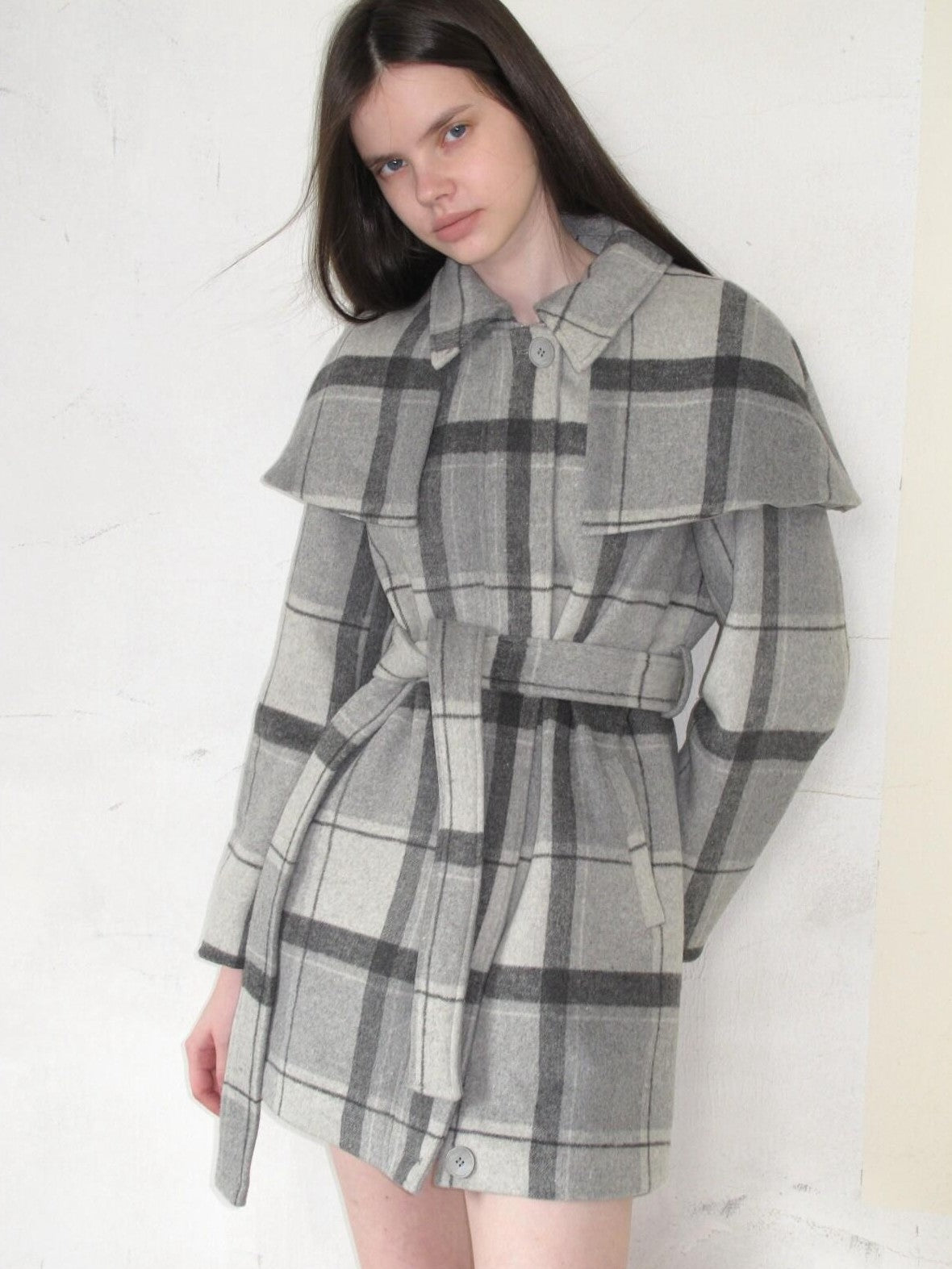 UNIVERSE Vintage Plaid Double Faced Waist Cinched Women's Wool Blend Cape Coats