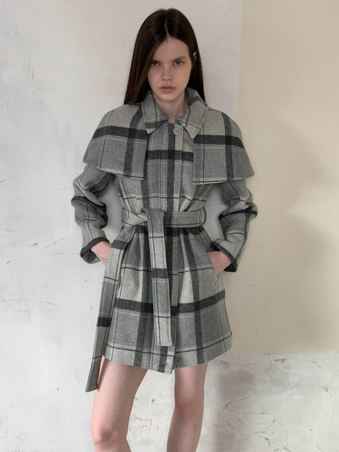 UNIVERSE Vintage Plaid Double Faced Waist Cinched Women's Wool Blend Cape Coats