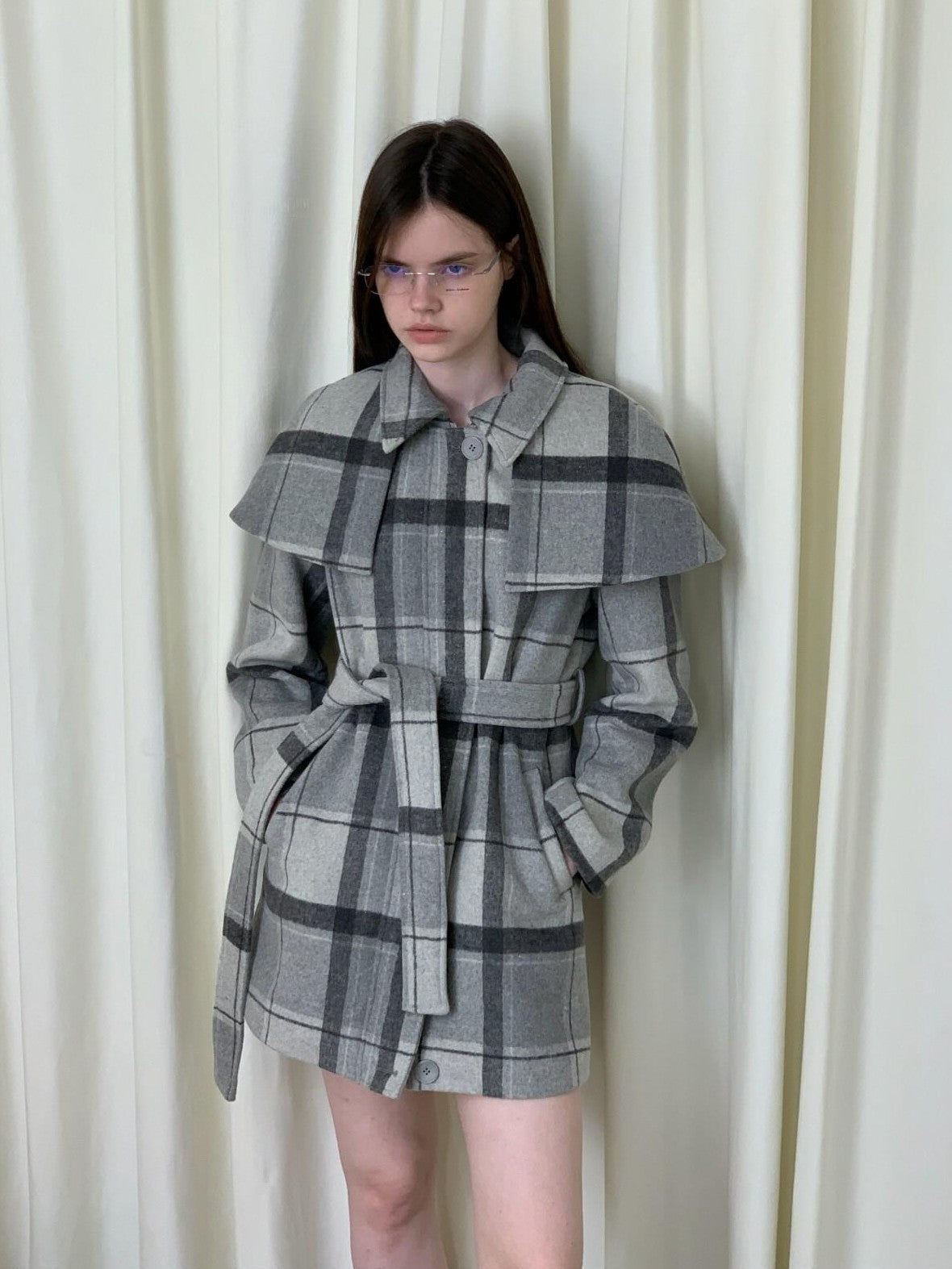 UNIVERSE Vintage Plaid Double Faced Waist Cinched Women's Wool Blend Cape Coats