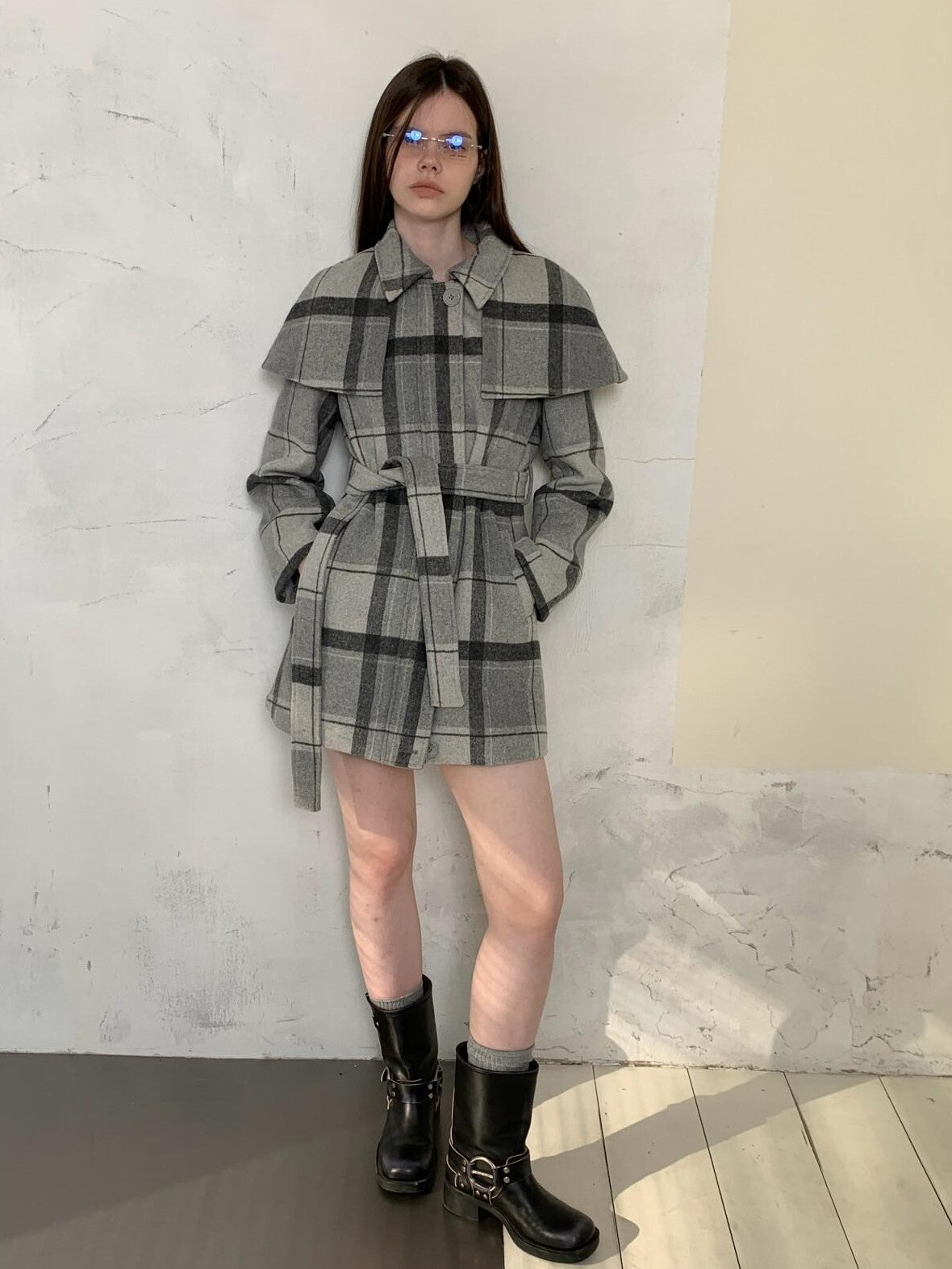 UNIVERSE Vintage Plaid Double Faced Waist Cinched Women's Wool Blend Cape Coats