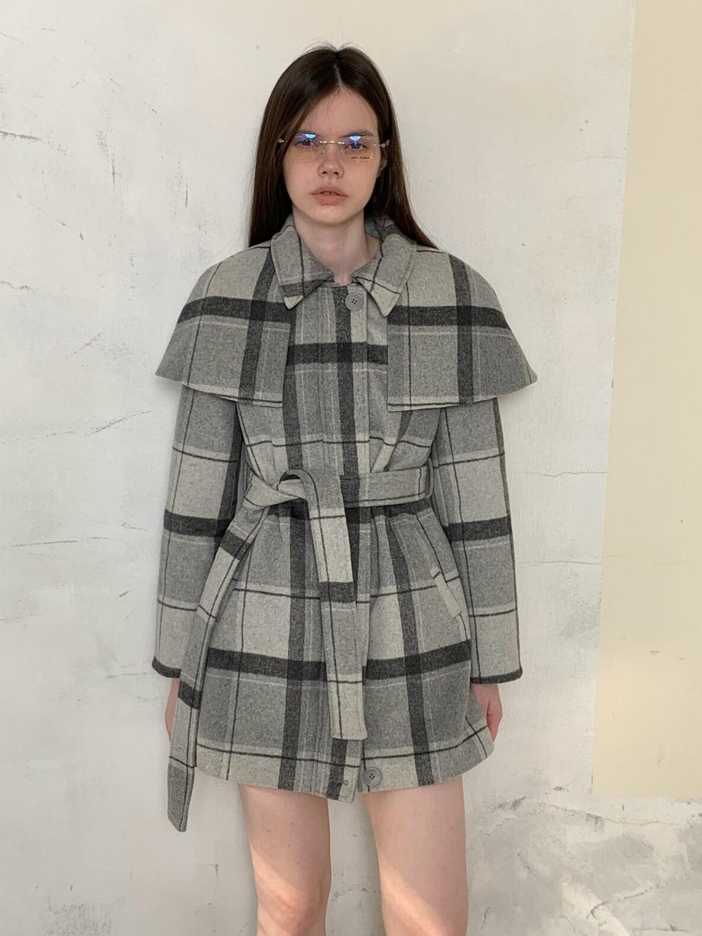 UNIVERSE Vintage Plaid Double Faced Waist Cinched Women's Wool Blend Cape Coats