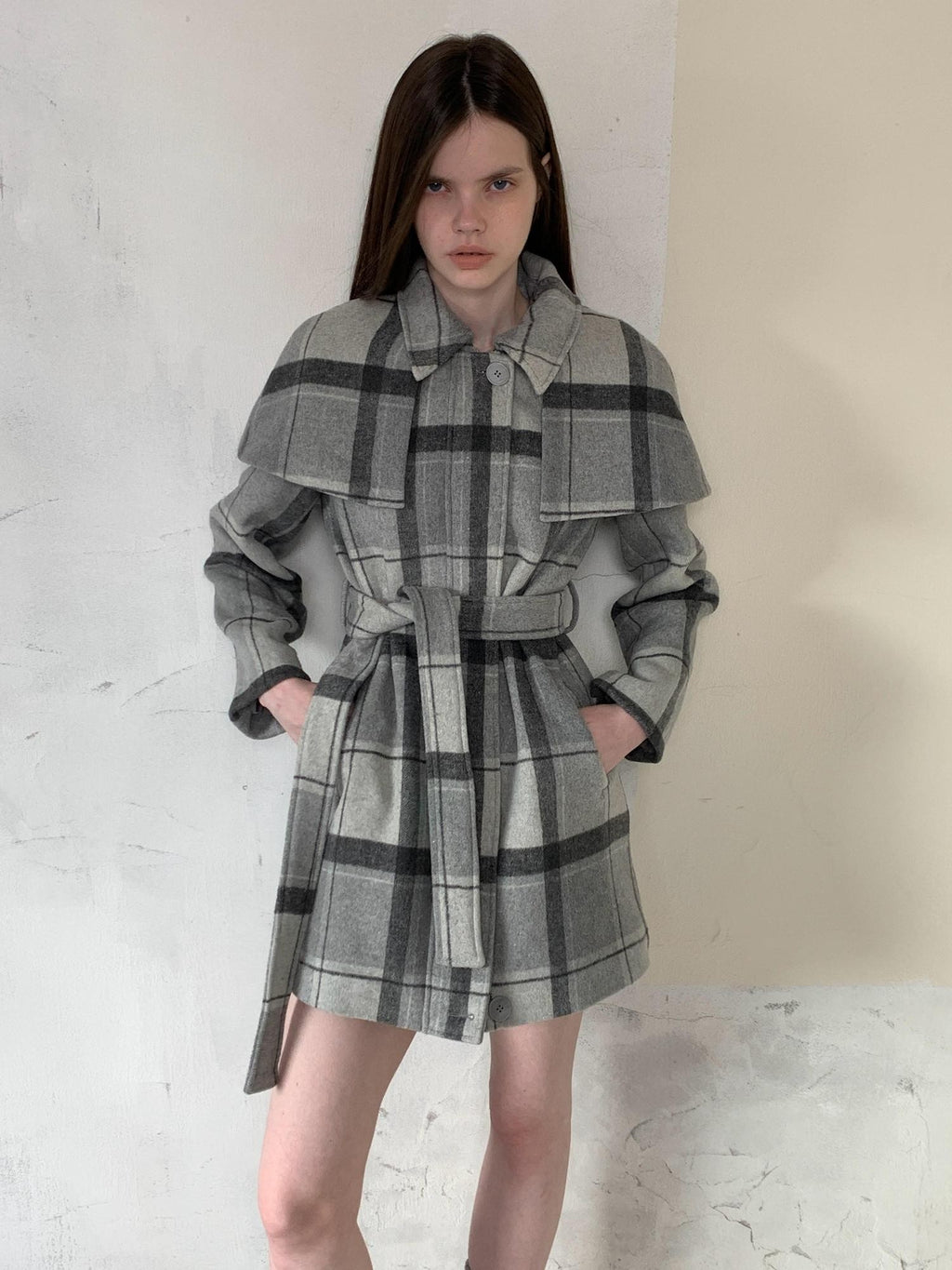 UNIVERSE Vintage Plaid Double Faced Waist Cinched Women's Wool Blend Cape Coats