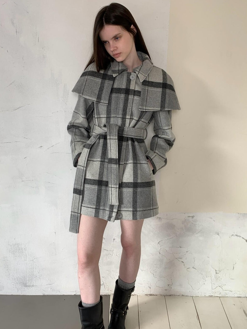 UNIVERSE Vintage Plaid Double Faced Waist Cinched Women's Wool Blend Cape Coats