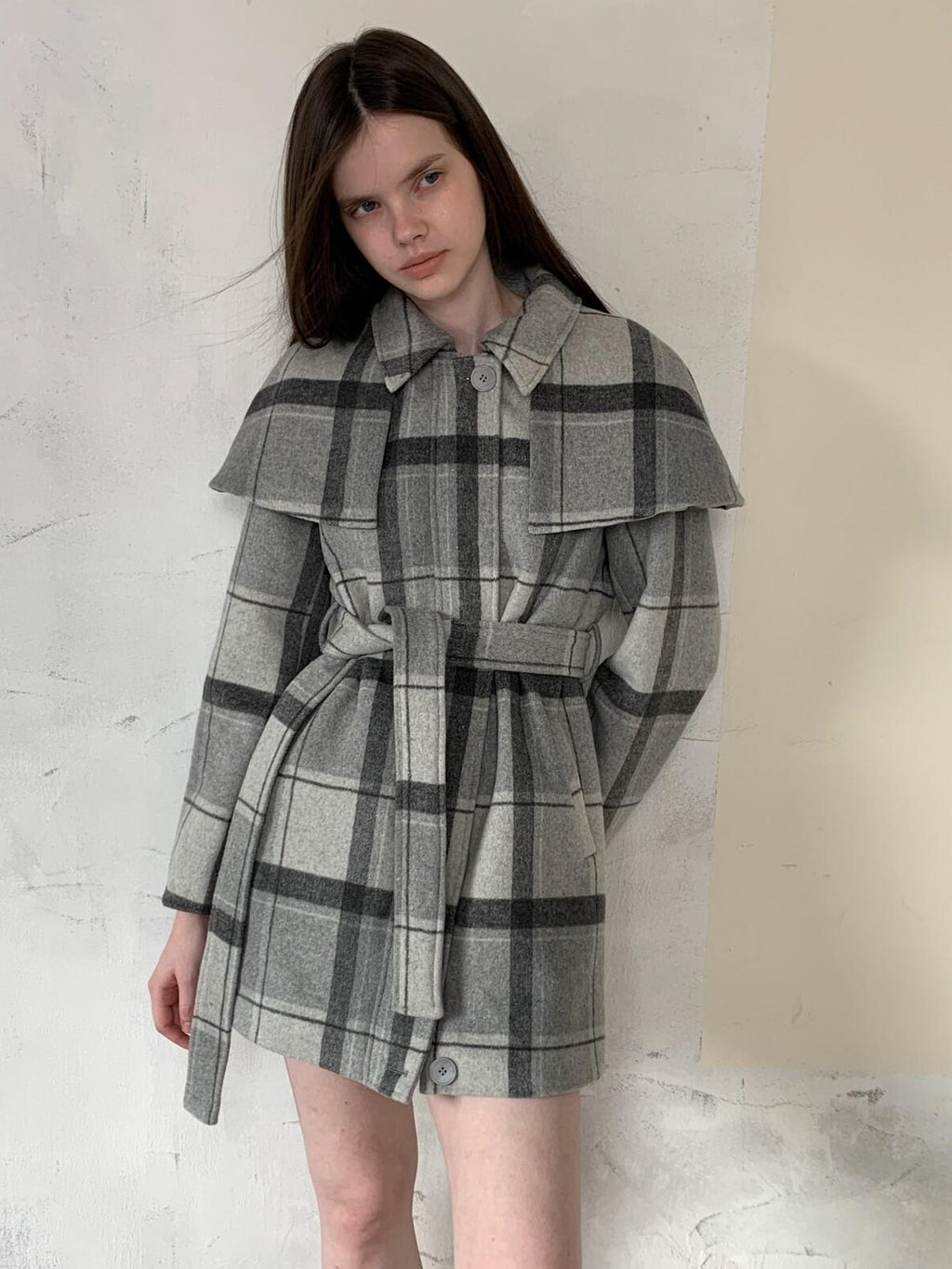 UNIVERSE Vintage Plaid Double Faced Waist Cinched Women's Wool Blend Cape Coats