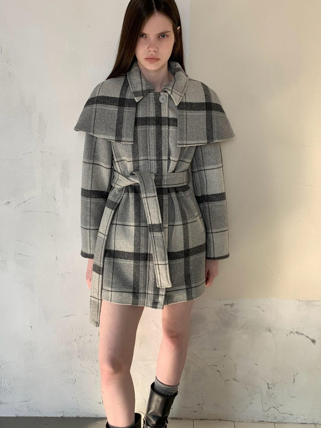 UNIVERSE Vintage Plaid Double Faced Waist Cinched Women's Wool Blend Cape Coats