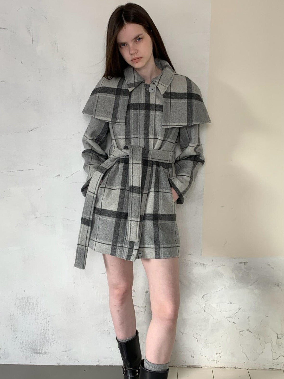 UNIVERSE Vintage Plaid Double Faced Waist Cinched Women's Wool Blend Cape Coats