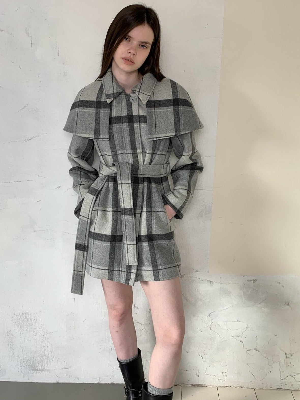 UNIVERSE Vintage Plaid Double Faced Waist Cinched Women's Wool Blend Cape Coats