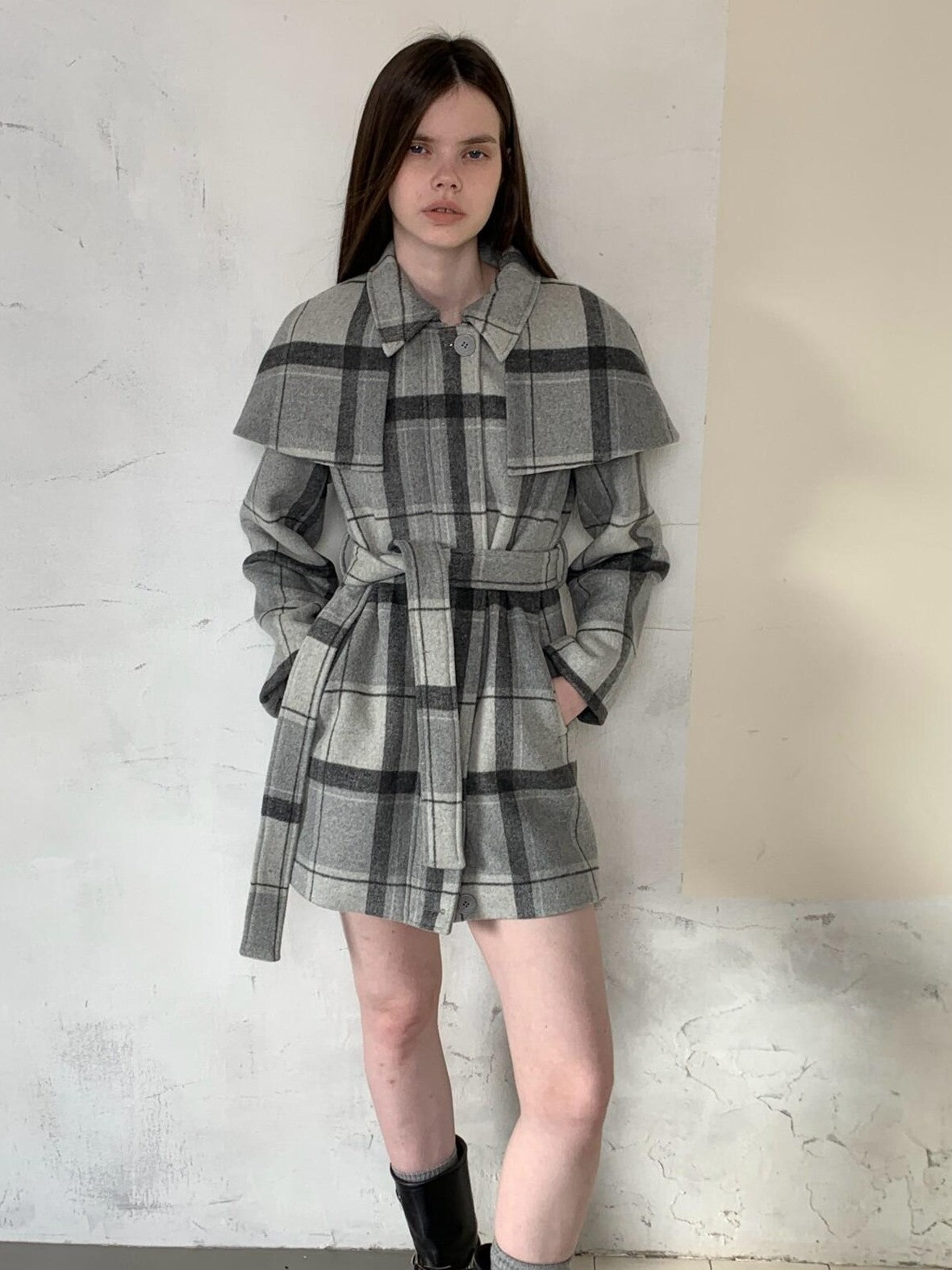 UNIVERSE Vintage Plaid Double Faced Waist Cinched Women's Wool Blend Cape Coats