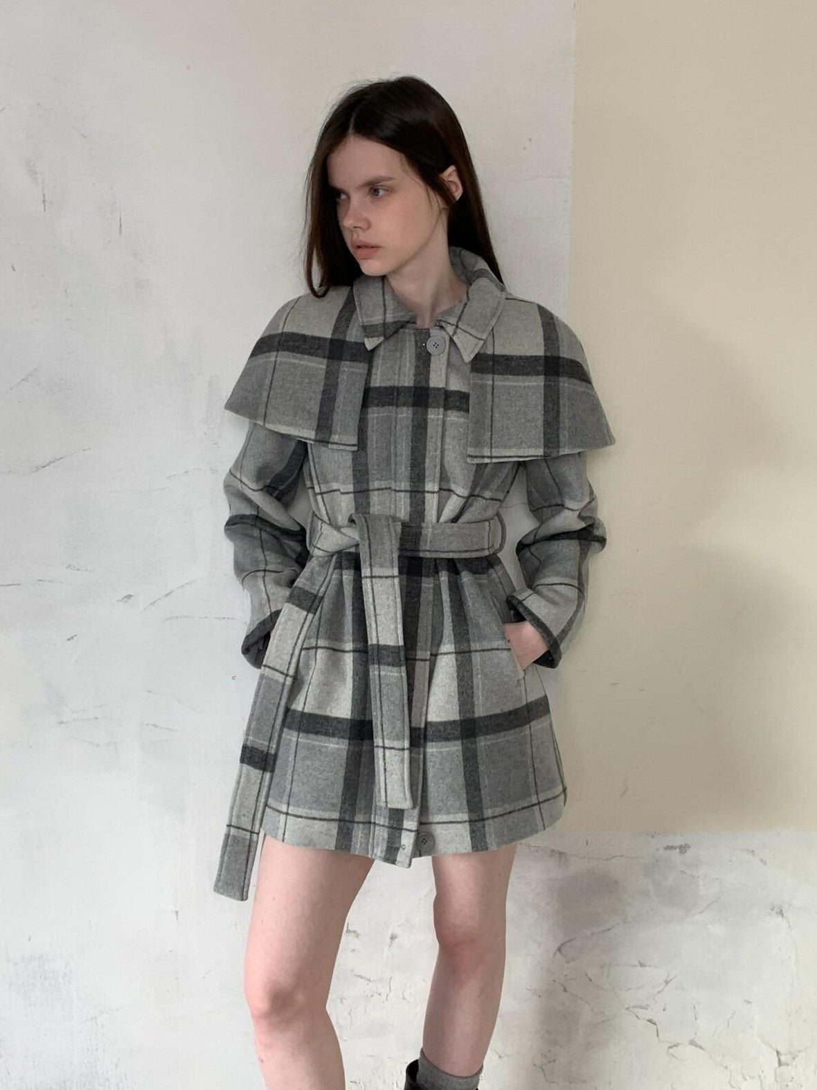 UNIVERSE Vintage Plaid Double Faced Waist Cinched Women's Wool Blend Cape Coats