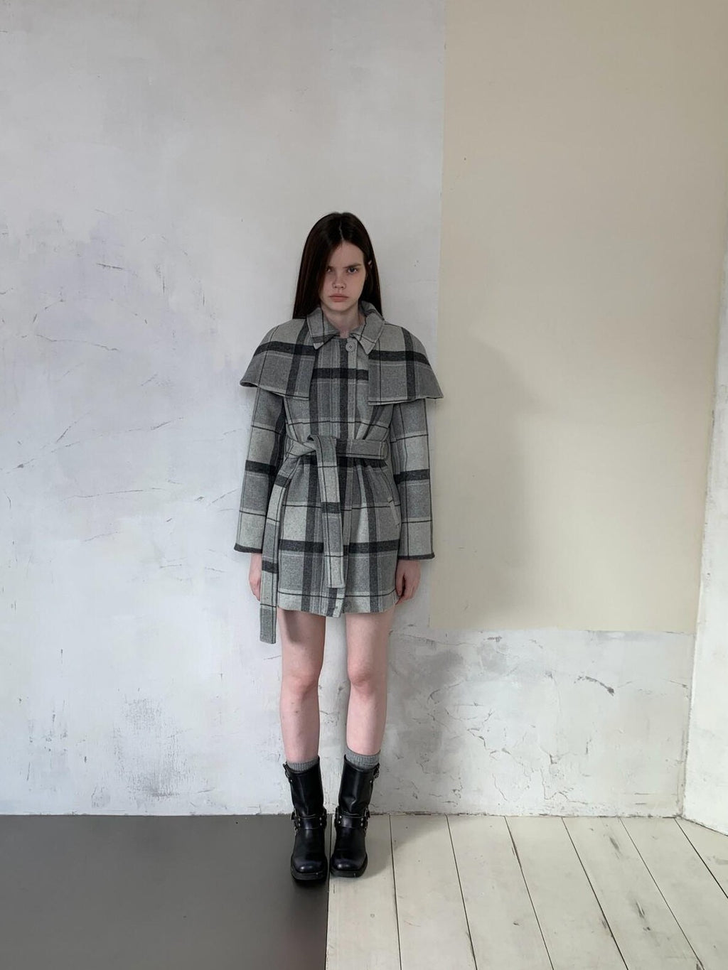 UNIVERSE Vintage Plaid Double Faced Waist Cinched Women's Wool Blend Cape Coats