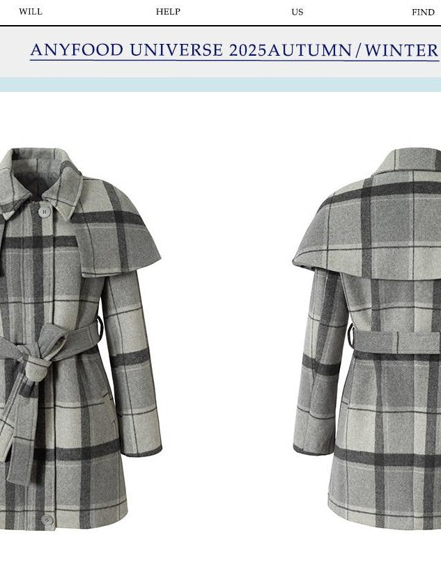 UNIVERSE Vintage Plaid Double Faced Waist Cinched Women's Wool Blend Cape Coats