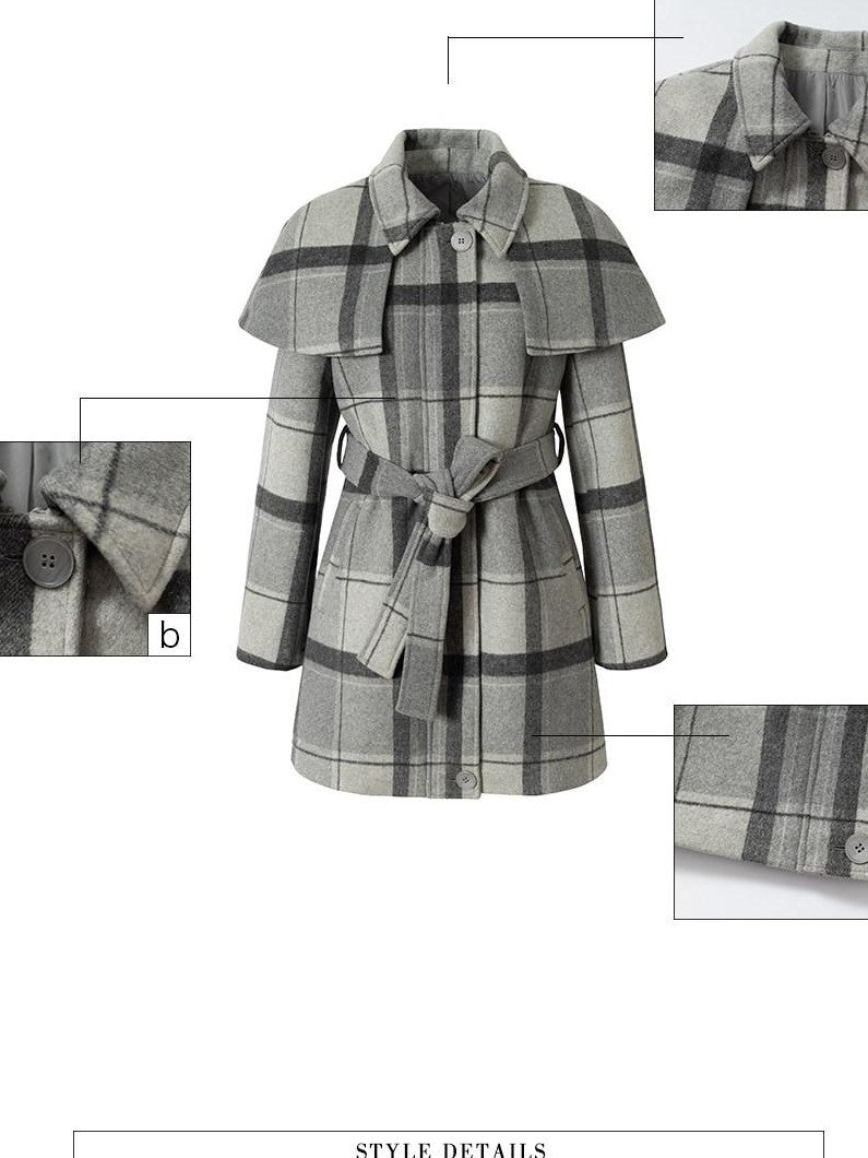 UNIVERSE Vintage Plaid Double Faced Waist Cinched Women's Wool Blend Cape Coats