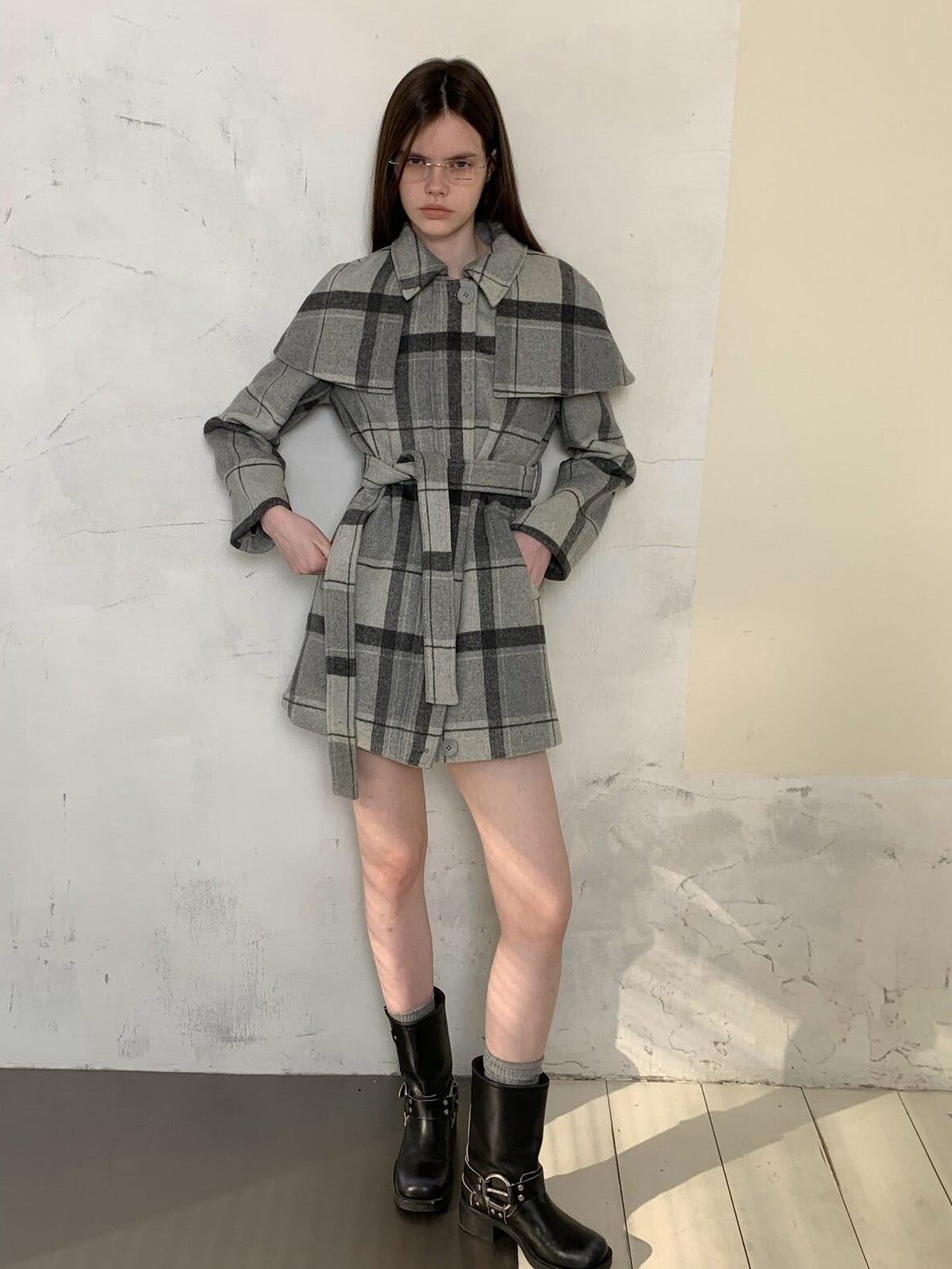 UNIVERSE Vintage Plaid Double Faced Waist Cinched Women's Wool Blend Cape Coats