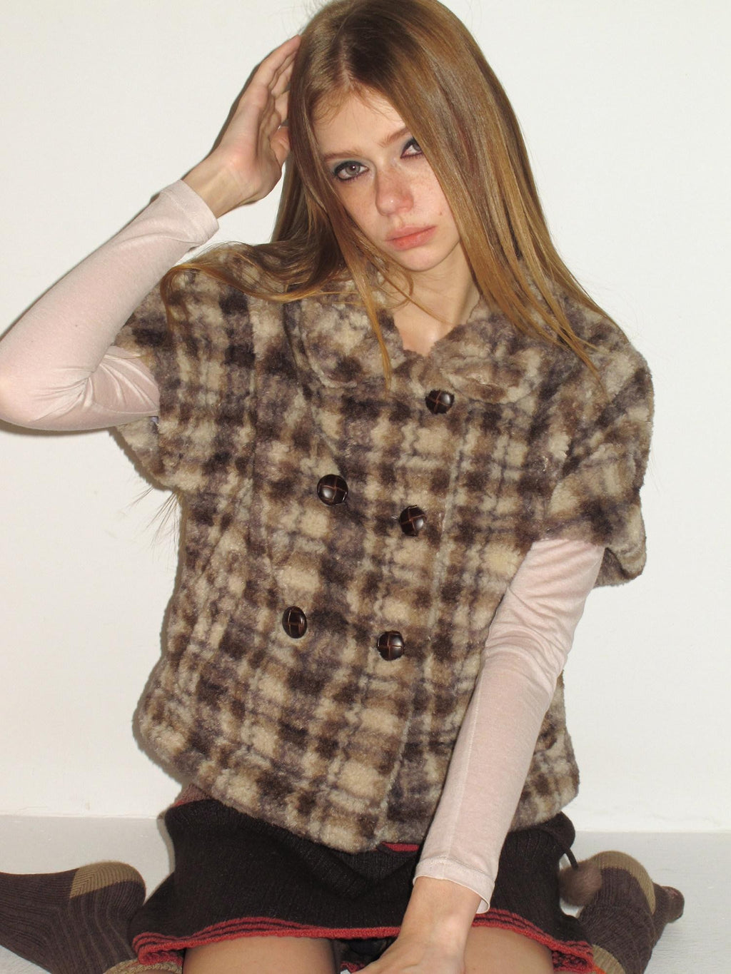 UNIVERSE Vintage Plaid Sherpa Double Breasted Cropped Short Sleeve Women's Vests