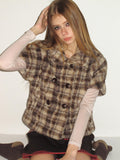 UNIVERSE Vintage Plaid Sherpa Double Breasted Cropped Short Sleeve Women's Vests