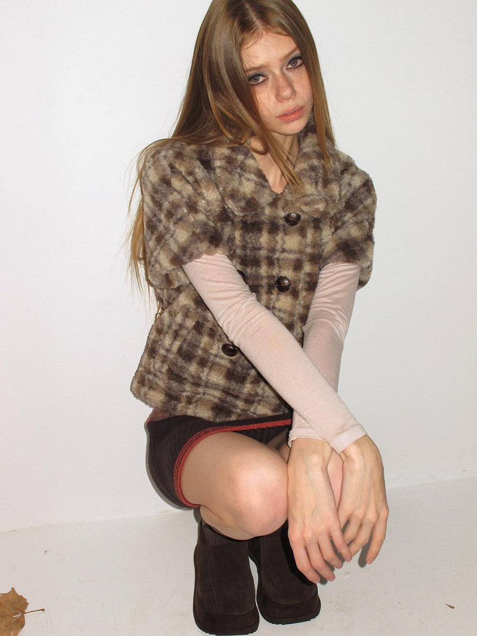 UNIVERSE Vintage Plaid Sherpa Double Breasted Cropped Short Sleeve Women's Vests