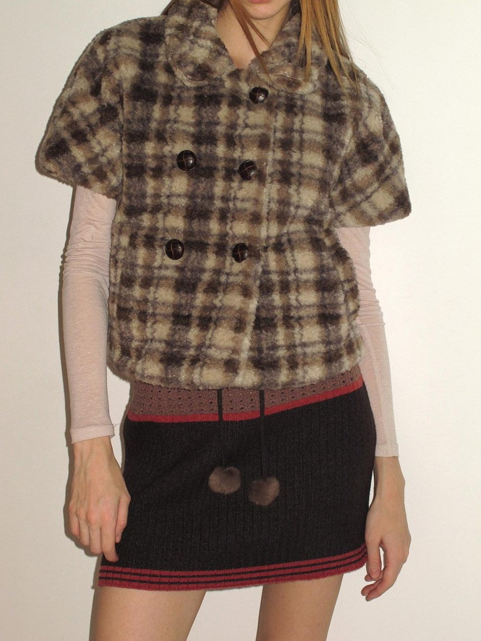 UNIVERSE Vintage Plaid Sherpa Double Breasted Cropped Short Sleeve Women's Vests