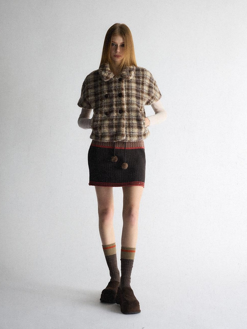 UNIVERSE Vintage Plaid Sherpa Double Breasted Cropped Short Sleeve Women's Vests