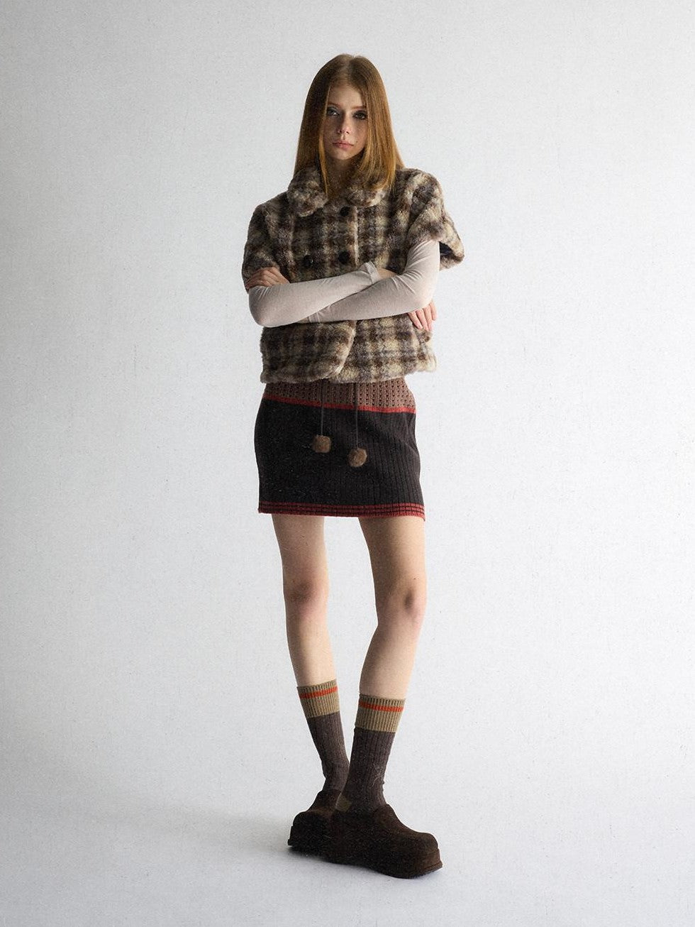 UNIVERSE Vintage Plaid Sherpa Double Breasted Cropped Short Sleeve Women's Vests