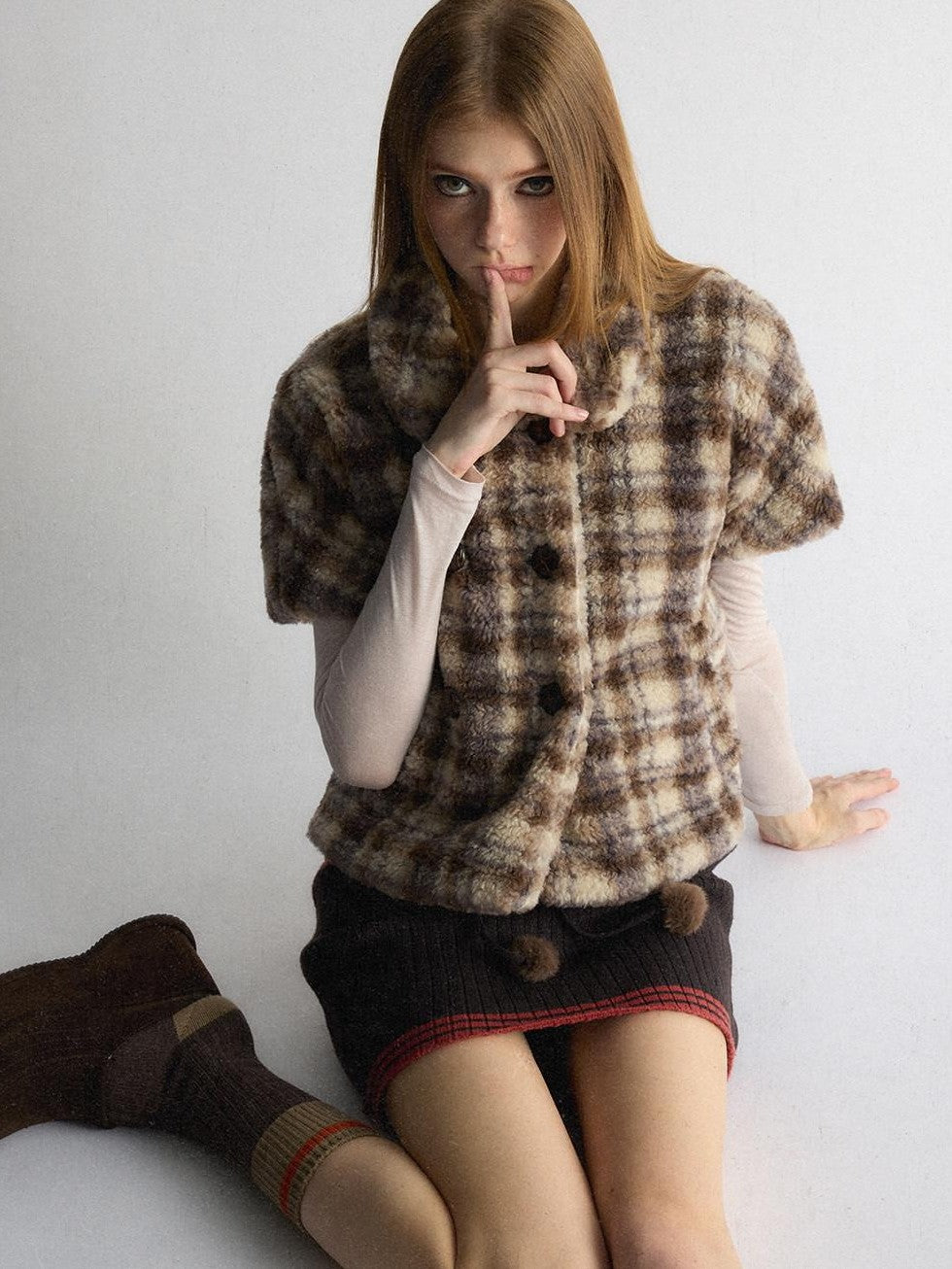 UNIVERSE Vintage Plaid Sherpa Double Breasted Cropped Short Sleeve Women's Vests