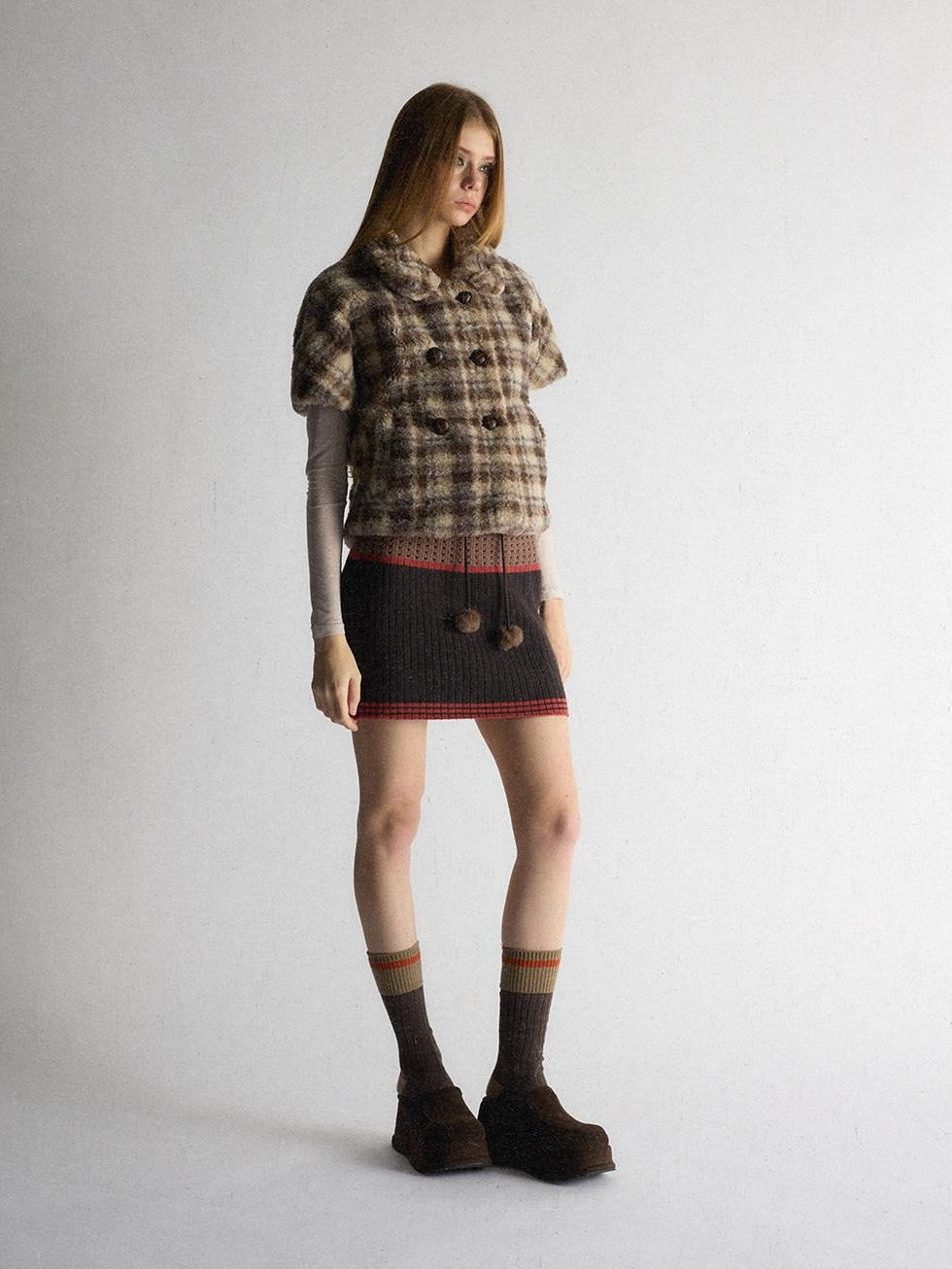 UNIVERSE Vintage Plaid Sherpa Double Breasted Cropped Short Sleeve Women's Vests