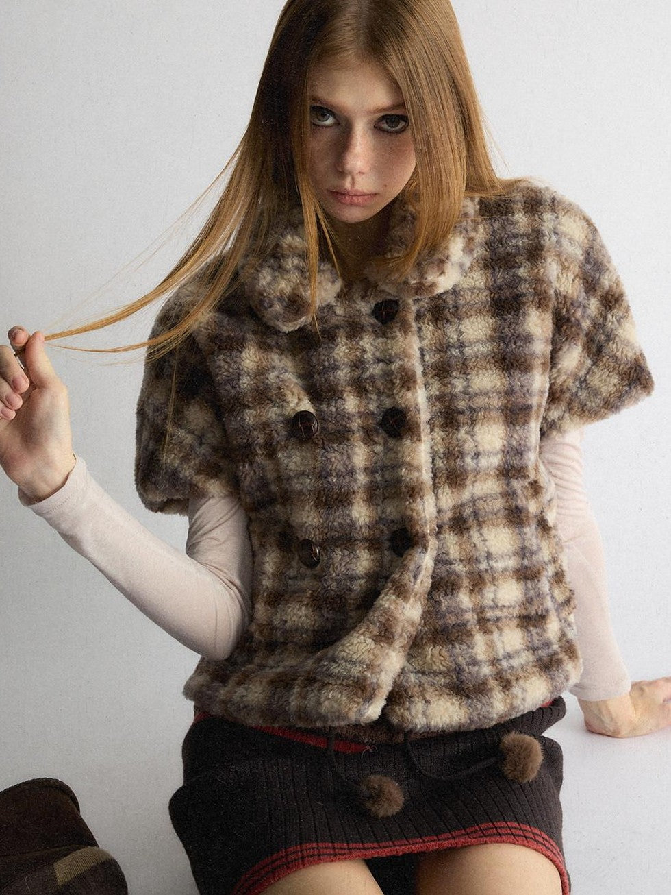 UNIVERSE Vintage Plaid Sherpa Double Breasted Cropped Short Sleeve Women's Vests