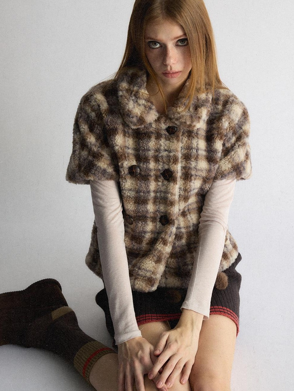 UNIVERSE Vintage Plaid Sherpa Double Breasted Cropped Short Sleeve Women's Vests
