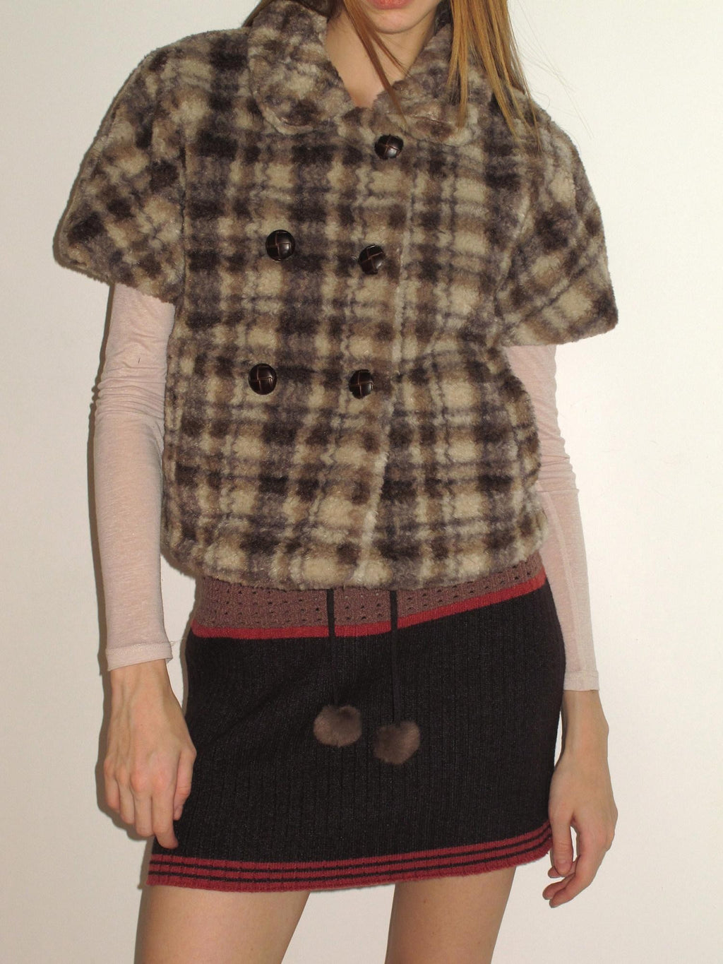 UNIVERSE Vintage Plaid Sherpa Double Breasted Cropped Short Sleeve Women's Vests