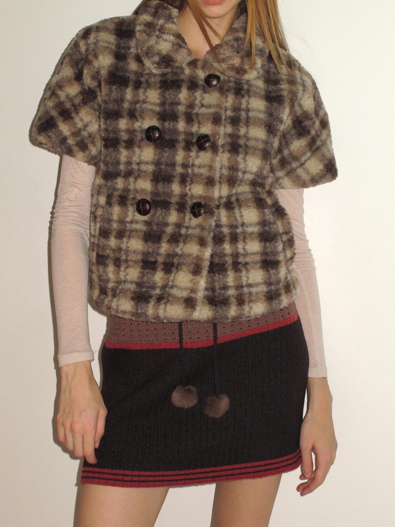 UNIVERSE Vintage Plaid Sherpa Double Breasted Cropped Short Sleeve Women's Vests