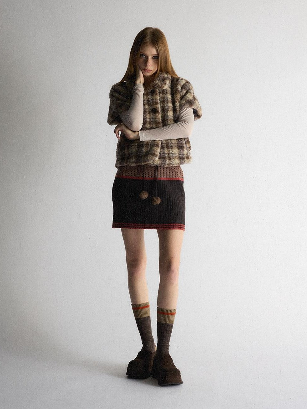 UNIVERSE Vintage Plaid Sherpa Double Breasted Cropped Short Sleeve Women's Vests