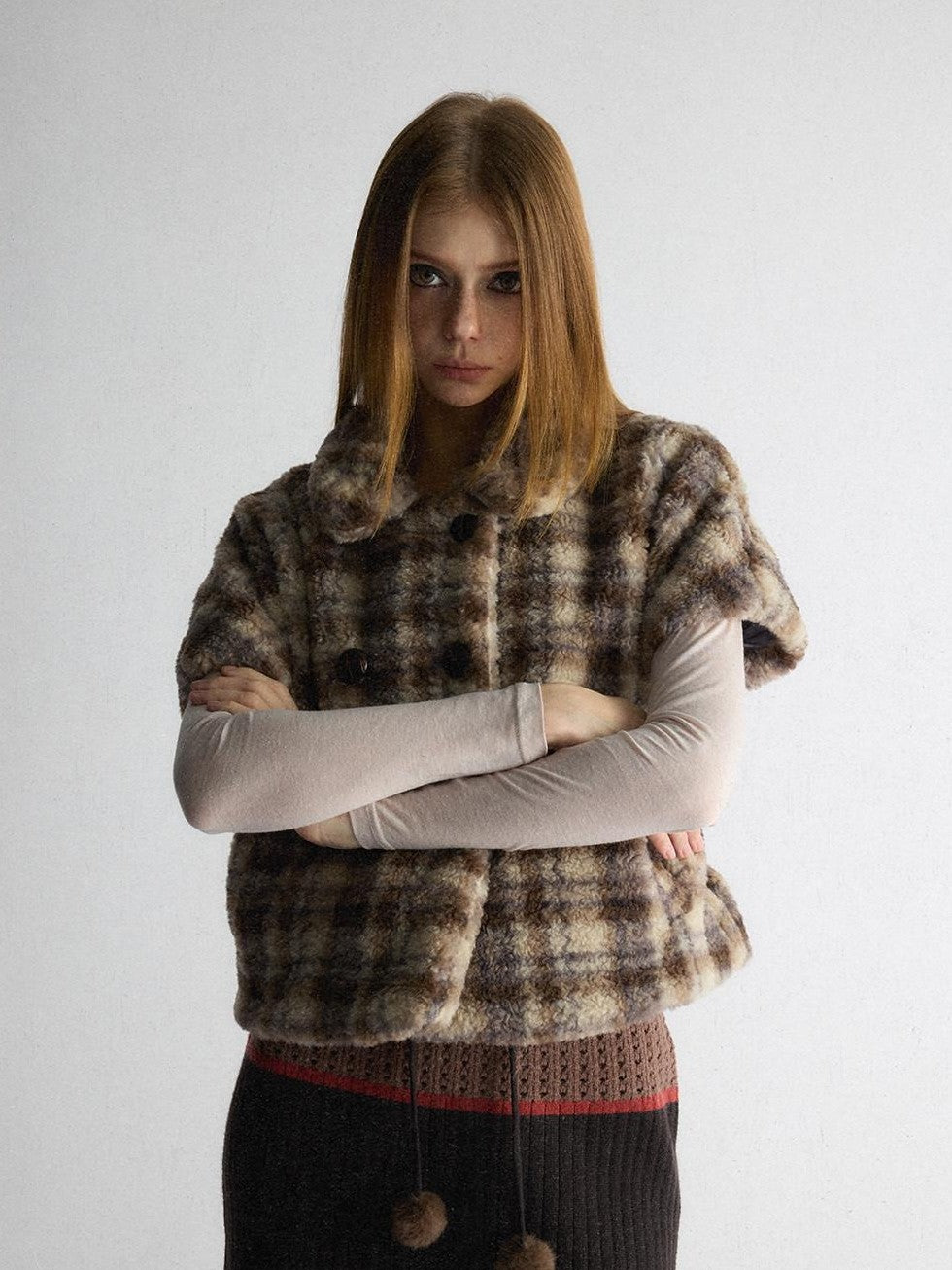 UNIVERSE Vintage Plaid Sherpa Double Breasted Cropped Short Sleeve Women's Vests