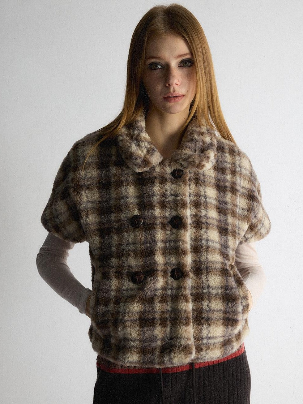 UNIVERSE Vintage Plaid Sherpa Double Breasted Cropped Short Sleeve Women's Vests