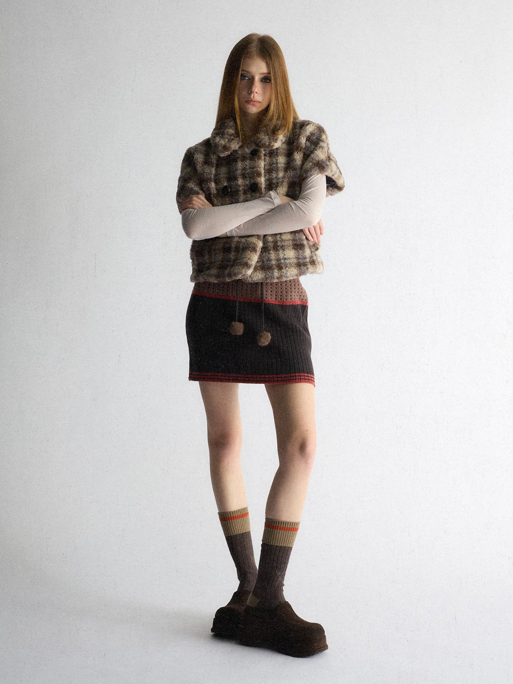 UNIVERSE Vintage Plaid Sherpa Double Breasted Cropped Short Sleeve Women's Vests
